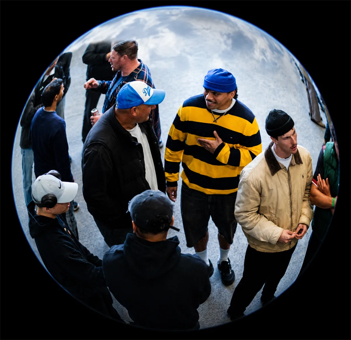 Men gathered at Stronger conference, fisheye view